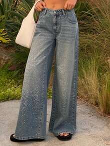 DAZY Women's Low Waist Rhinestone Embellished Straight Leg Casual Jeans Y2k - Medium Wash - View 2