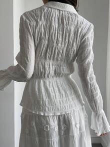 Livesso Áo khoác cardigan trắng mùa xuân/hè, phong cách thường ngày đi nghỉ mát, áo sơ mi chiffon thiết kế buộc dây phía trước, áo kiểu tay dài xếp ly có họa tiết dành cho nữ. - trắng - Xem 3