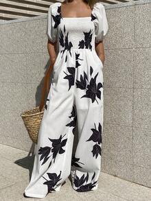 Livesso Women's Spring/Summer White Straight Leg Pants With Black Embroidered Music Festival, Valentine's Day, Wedding, Casual, Beach, Commute Elegant Short Sleeve Jumpsuit - White - View 5