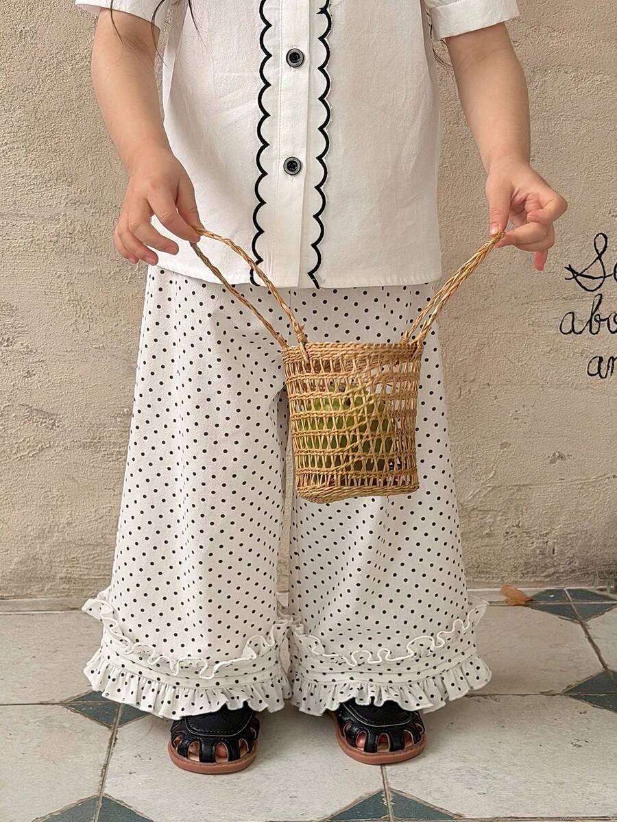 DAZY Toddler Girls' Polka Dot Loose Wide Leg Casual Pants, Versatile All-Over Print, Spring/Summer - White - View 1