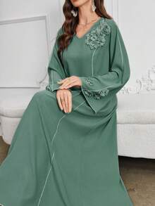 Al Najma 女式传统宴会 V 领纯色袖口 3D 花朵宽松阿拉伯连衣裙，阿拉伯连衣裙，端庄