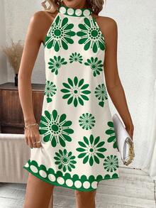 SHEIN Clasi Đầm ngắn nữ in hoa cổ yếm, kiểu dáng thường ngày, thích hợp cho kỳ nghỉ hoặc hẹn hò. - Nhiều màu - Xem 4