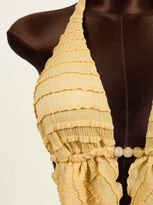 Zestiva 3pcs Women's Swimsuit Set With Beaded Tie Front Halter Bikini Top And High-Waisted Ruffle Skirt, Spring/Summer - Yellow - View 6