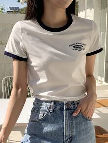 DAZY 標語圖形對比邊條t恤 - 白色 - 查看 7