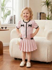 两件套女婴彩色蝴蝶结装饰泡泡袖上衣和百褶裙套装，舒适休闲，适合派对、假日、户外活动等各种场合 - 粉色 - 查看 8