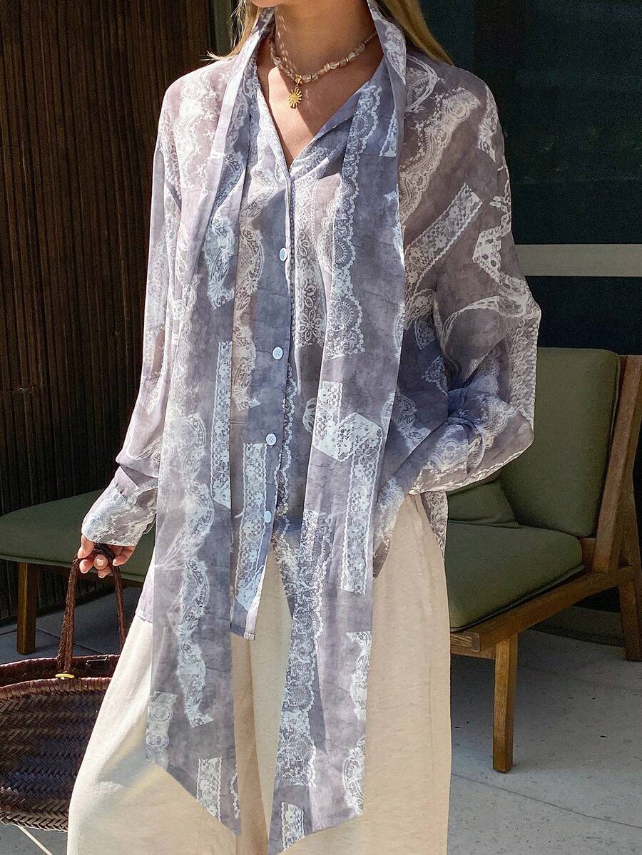 DAZY 女士宽松纯色长袖雪纺系领休闲夏季衬衫 - 淺灰紫 - 查看 1