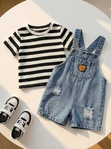 SHEIN 2pcs/Set Unisex Baby Clothes, Baby Boy Casual Cute Bear & Black White Striped T-Shirt And Blue Denim Bib Pants Set, Summer & Spring