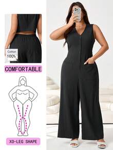 Solflare Bộ jumpsuit thường ngày mới mùa Xuân/Hè 2026, thích hợp cho các buổi đi chơi, mặc thường ngày, dự tiệc, hẹn hò, tiệc sinh nhật, lễ hội âm nhạc, đi học, đi làm, kỳ nghỉ, ngày Valentine, mặc ở nhà, chất liệu cotton pha, không tay, cổ chữ V, cài nút phía trước, eo chun, dáng rộng, dài, màu đen, cỡ lớn. - màu đen - Xem 1