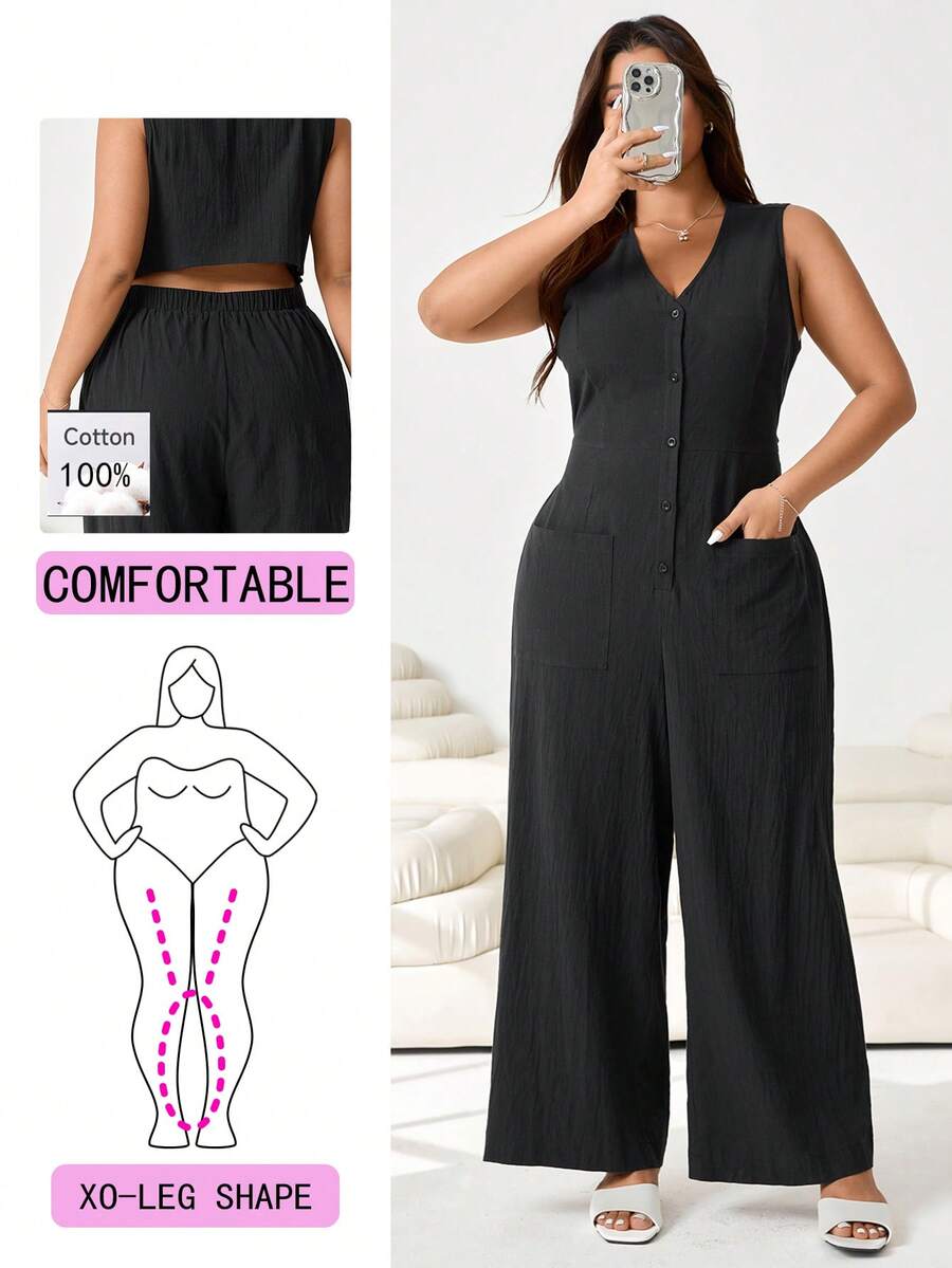 Solflare Bộ jumpsuit thường ngày mới mùa Xuân/Hè 2026, thích hợp cho các buổi đi chơi, mặc thường ngày, dự tiệc, hẹn hò, tiệc sinh nhật, lễ hội âm nhạc, đi học, đi làm, kỳ nghỉ, ngày Valentine, mặc ở nhà, chất liệu cotton pha, không tay, cổ chữ V, cài nút phía trước, eo chun, dáng rộng, dài, màu đen, cỡ lớn. - màu đen - Xem 1
