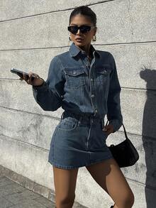 DAZY Polo领长袖连衣裙、高腰牛仔裙、Design Sense修身半身裙、女士牛仔连衣裙 - 中等水洗藍 - 查看 7