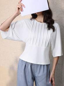 Mulvari Women's French Minimalist White Striped Crew Neck Loose Fit Batwing Sleeve Top - White - View 3