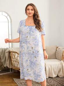 Serenescape 大码印花荷叶边宽松睡裙，蓝色 - 寶藍色 - 查看 5