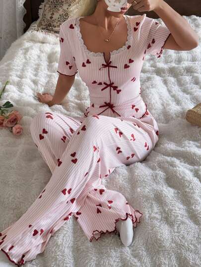 SHEIN 2pcs Women Romantic Lace Knit Texture Heart Striped Print Short Sleeve Pajama Set