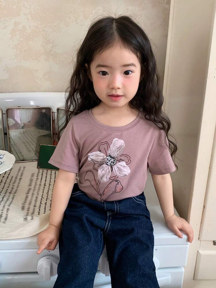 Toddler Girls' Floral Print Casual Korean Style Round Neck Short Sleeve T-Shirt, Summer