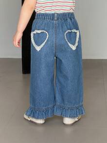 DAZY 女婴休闲日常通勤时尚撞色蕾丝弹力腰荷叶边宽松阔腿牛仔裤幼儿女童服装 - 深色水洗藍 - 查看 2