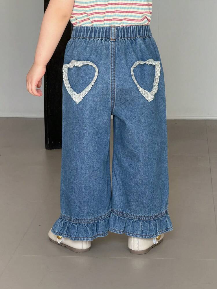 Baby Girl Casual Everyday Commute Fashion Contrast Lace Elastic Waist Ruffle Hem Loose Wide Leg Jeans Toddler Girls Clothes