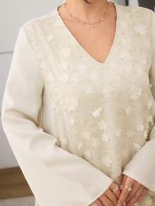 SHEIN Najma V领优雅3D立体花卉拼接长袖喇叭连衣裙 - 杏色 - 查看 4