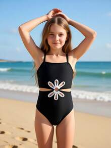 女童豹纹镂空连体泳衣，舒适时尚 - 黑色 - 查看 7