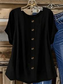 Linhara Plus Size Button Decor Round Neck Drop Shoulder Short Sleeve Casual Comfortable Linen Bohemian Style Shirt - Black - View 6