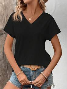 SHEIN LUNE V领纯色休闲宽松夏季T恤 - 黑色 - 查看 3