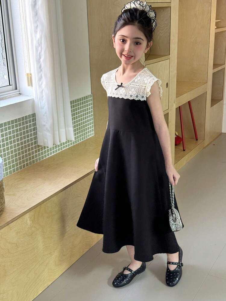 Tween Girl Summer Contrast Lace Sleeveless Party Dress