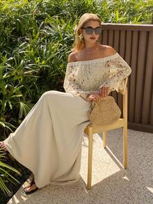 DAZY 撞色蕾丝露肩连衣裙，优雅假日风，春秋季 - 杏色 - 查看 6