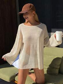 DAZY Women's Loose Crew Neck Long Sleeve Striped Patchwork Casual Elegant Knit Sweater, Spring/Autumn - Beige - View 4