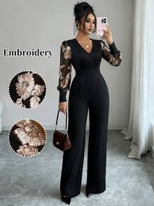 Elenzga Women's Gold Pattern Patchwork V-Neck Jumpsuit - Multicolor - View 1