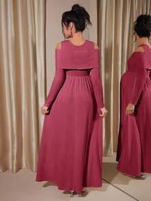 Momance Exposed Shoulder Long Sleeve Button Decor Ribbed A-Line Midi Dress, Spring/Autumn - Hot Pink - View 2