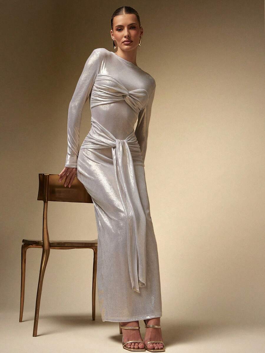 Hauture Shiny Long Sleeve Round Neck Wrap Bust Bodycon Dress For Women - Silver - View 1
