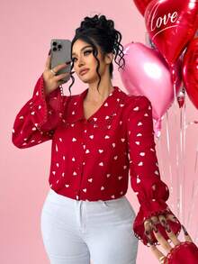 Elenzga Áo sơ mi nữ cỡ lớn kiểu dáng thanh lịch mới, cổ Peter Pan, viền ren, in hình trái tim lãng mạn, thích hợp mặc ngày Valentine. - Nhiều màu - Xem 1