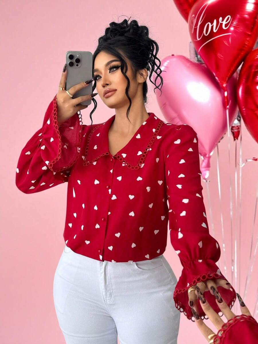 Elenzga Áo sơ mi nữ cỡ lớn kiểu dáng thanh lịch mới, cổ Peter Pan, viền ren, in hình trái tim lãng mạn, thích hợp mặc ngày Valentine. - Nhiều màu - Xem 1