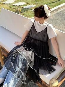 DAZY Women's Lace Layered Cake Slip Midi Dress - Black - View 4