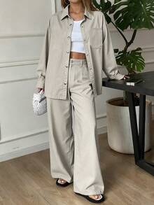 Livesso 女士休闲商务套装，宽松长袖衬衫配大口袋，直筒休闲裤或牛仔裤，两件套，适合秋冬季节穿着。