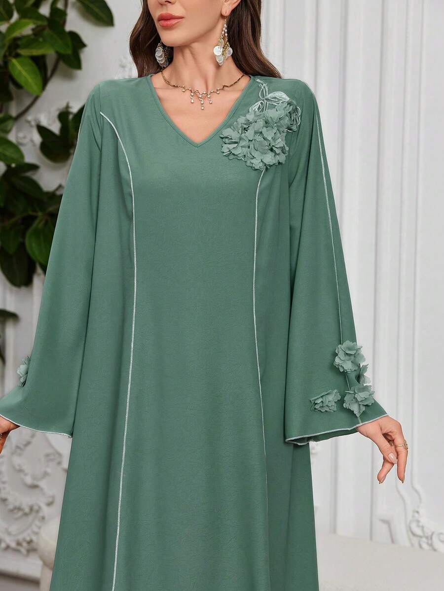 Al Najma 女式传统宴会 V 领纯色袖口 3D 花朵宽松阿拉伯连衣裙，阿拉伯连衣裙，端庄
