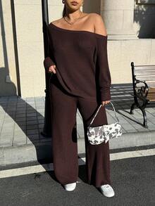 Muchica Plus Size Asymmetric Collar Long Sleeve Sweatshirt And Pants Casual Suit - Brown - View 5
