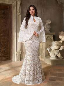 Aureia Váy xòe tay loe cổ tròn ren trắng lãng mạn, sang trọng cỡ lớn, phù hợp cho dạ tiệc, đám cưới, tuần trăng mật, váy cưới - trắng - Xem 1