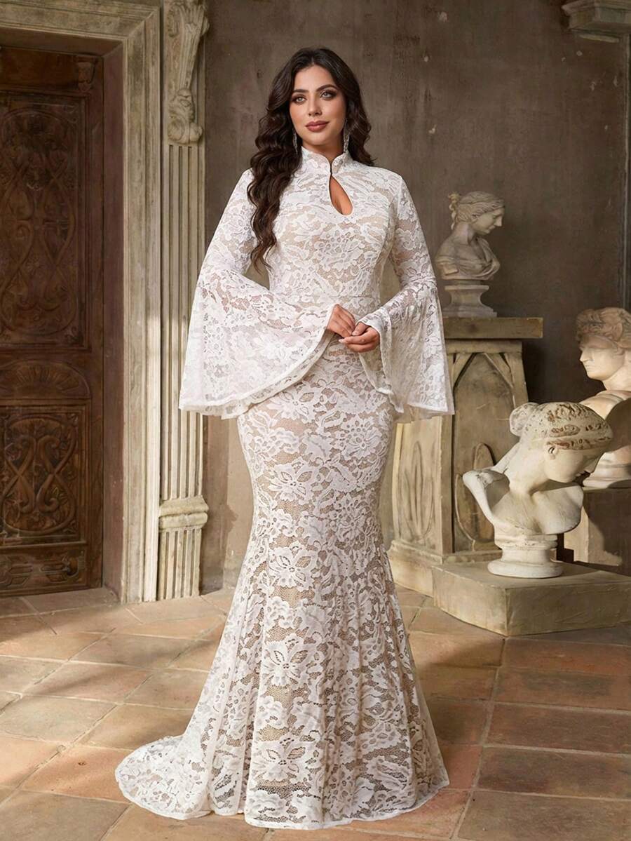 Aureia Váy xòe tay loe cổ tròn ren trắng lãng mạn, sang trọng cỡ lớn, phù hợp cho dạ tiệc, đám cưới, tuần trăng mật, váy cưới - trắng - Xem 1