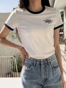 DAZY 標語圖形對比邊條t恤 - 白色 - 查看 6