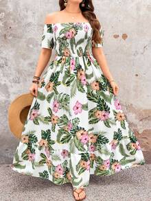Vestido de playa de verano con estampado tropical, hombro descubierto, Body fruncido y cintura con lazo para mujeres de talla - Multicolor - Ver 5