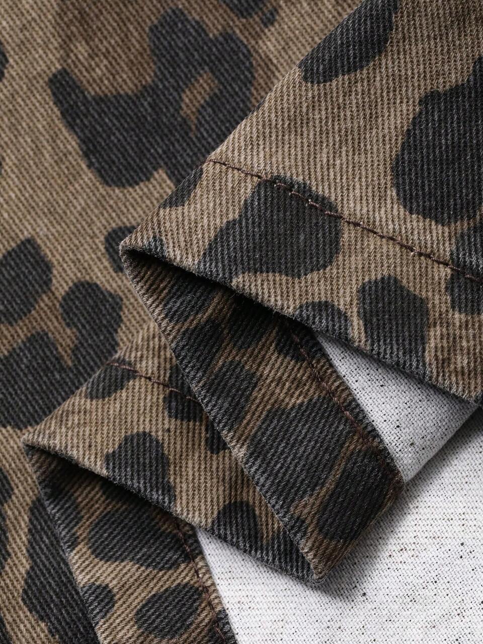 Women's Contrast Color Leopard Print Casual Long Sleeve Denim Top
