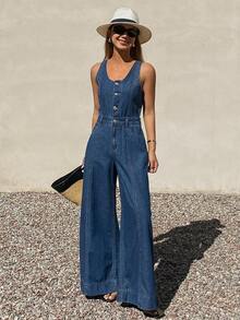 DAZY Women's Sleeveless Adjustable Strap Loose Straight Leg Casual Denim Jumpsuit Vacation