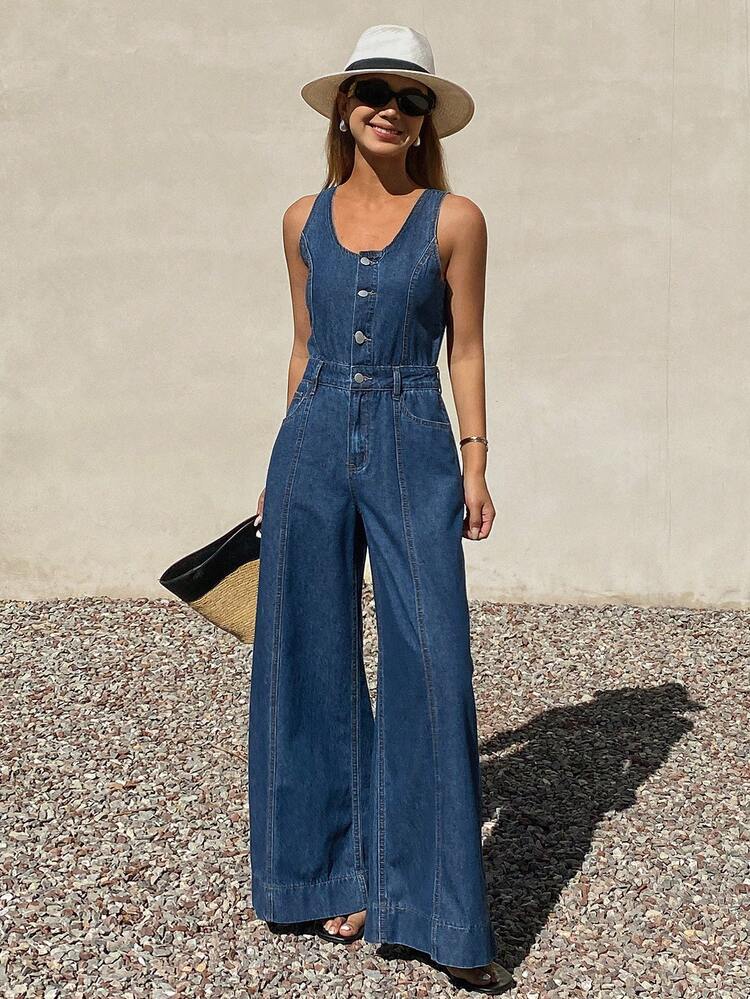 Women's Sleeveless Adjustable Strap Loose Straight Leg Casual Denim Jumpsuit Vacation