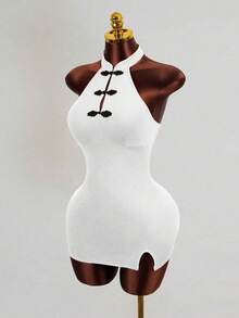 Mistrie Women's Sexy Bodycon Halter Neck Dress With Side Slit And Button Detail - White - View 5