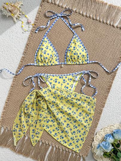 Swim Vcay 2026新款3件套女士随机印花三角比基尼，网纱迷你裙，沙滩度假夏季比基尼套装