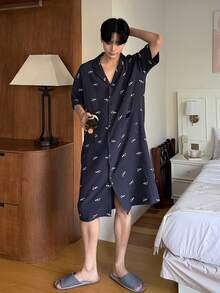 DAZY Men's Long Floral Print Robe, Spring/Summer - Blue - View 8