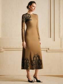 Arave 女士高弹针织常规肩部修身印花A字喇叭下摆优雅约会连衣裙 - 咖啡 - 查看 1