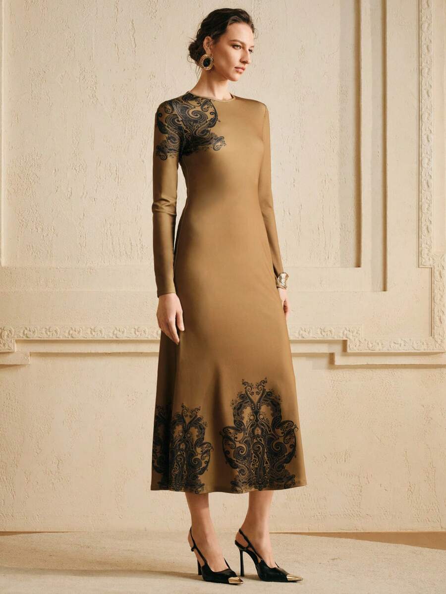 Arave 女士高弹针织常规肩部修身印花A字喇叭下摆优雅约会连衣裙 - 咖啡 - 查看 1