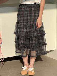 DAZY 少女松紧腰多层荷叶边格子裙 - 彩色 - 查看 5