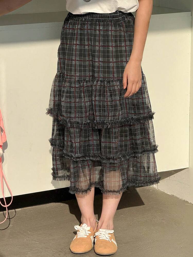 Tween Girl Elastic Waist Multilayer Frill Trim Plaid Skirt